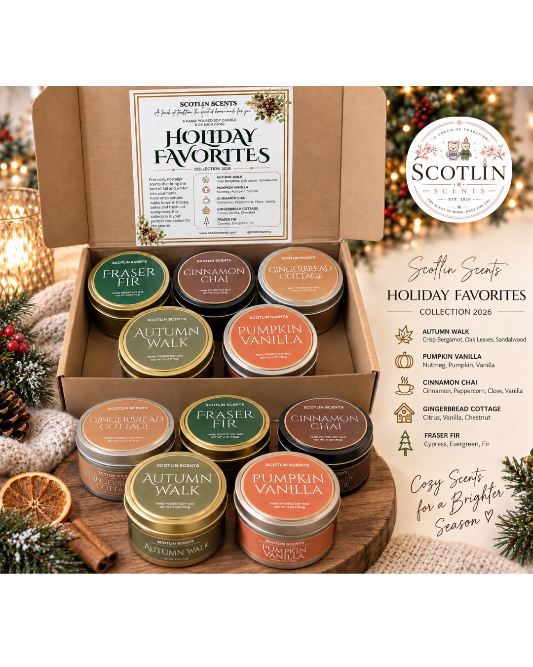 Holiday Favorites Candle Gift Set | 5 Hand Poured Soy Candles | Fall & Christmas Scents | Cozy Candle Gift Box | Scotlin Scents