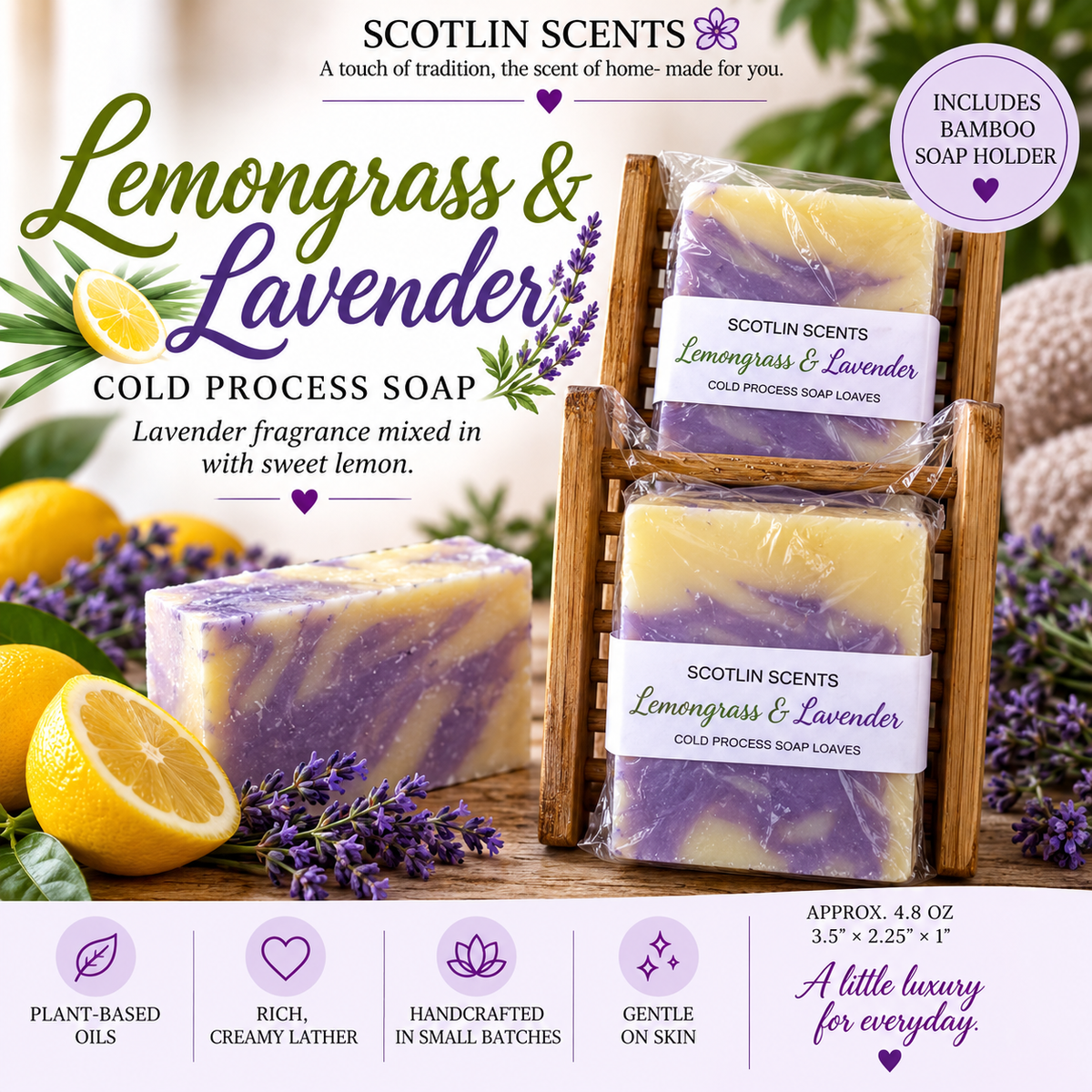 Lemongrass & Lavender | Handmade Cold Process Soap Bar | Plant Based Oils | Artisan Small Batch Soap | Includes Bamboo Soap Holder