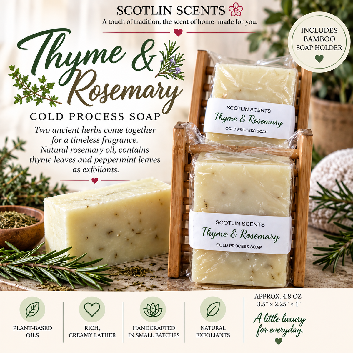 Thyme & Rosemary | Handmade Cold Process Soap Bar | Plant Based Oils | Artisan Small Batch Soap | Includes Bamboo Soap Holder