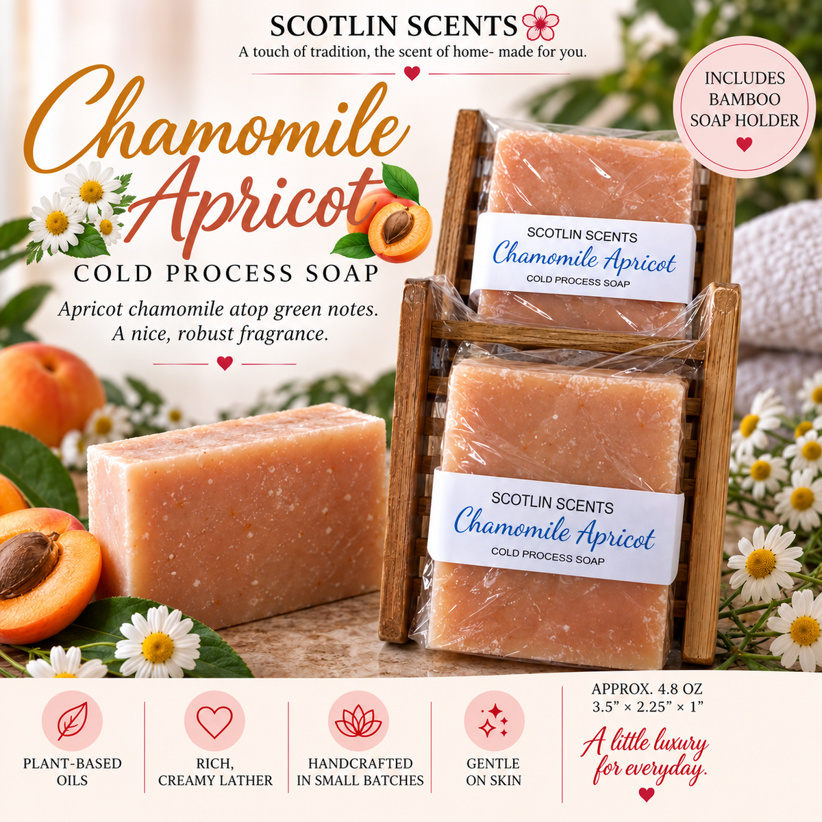 Chamomile Apricot | Handmade Cold Process Soap Bar | Plant Based Oils | Artisan Small Batch Soap | Includes Bamboo Soap Holder