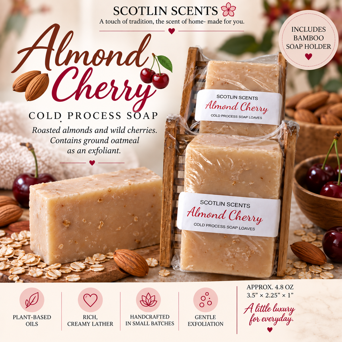 Almond Cherry | Handmade Cold Process Soap Bar | Plant Based Oils | Artisan Small Batch Soap | Includes Bamboo Soap Holder