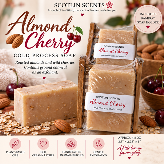 Almond Cherry | Handmade Cold Process Soap Bar | Plant Based Oils | Artisan Small Batch Soap | Includes Bamboo Soap Holder