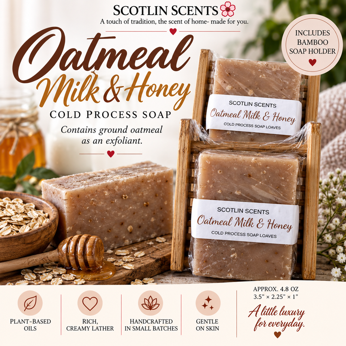 Oatmeal Milk & Honey | Handmade Cold Process Soap Bar | Plant Based Oils | Artisan Small Batch Soap | Includes Bamboo Soap Holder