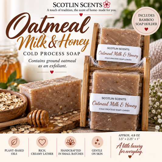 Oatmeal Milk & Honey | Handmade Cold Process Soap Bar | Plant Based Oils | Artisan Small Batch Soap | Includes Bamboo Soap Holder