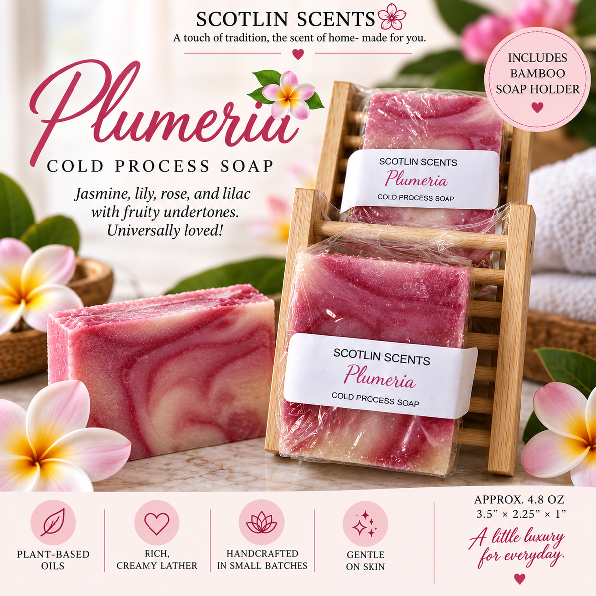 Plumeria | Handmade Cold Process Soap Bar | Plant Based Oils | Artisan Small Batch Soap | Includes Bamboo Soap Holder
