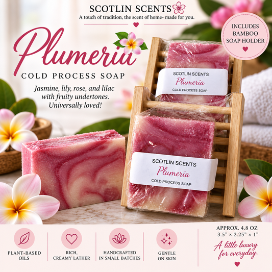 Plumeria | Handmade Cold Process Soap Bar | Plant Based Oils | Artisan Small Batch Soap | Includes Bamboo Soap Holder