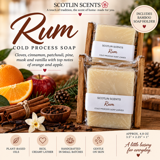 Rum | Handmade Cold Process Soap Bar | Plant Based Oils | Artisan Small Batch Soap | Includes Bamboo Soap Holder